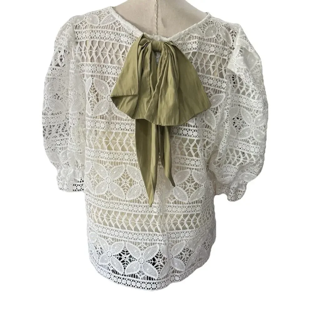 Dolan Anthropologie Lace Top Women's Large Ivory Puff Sleeve Bow Back Lined
